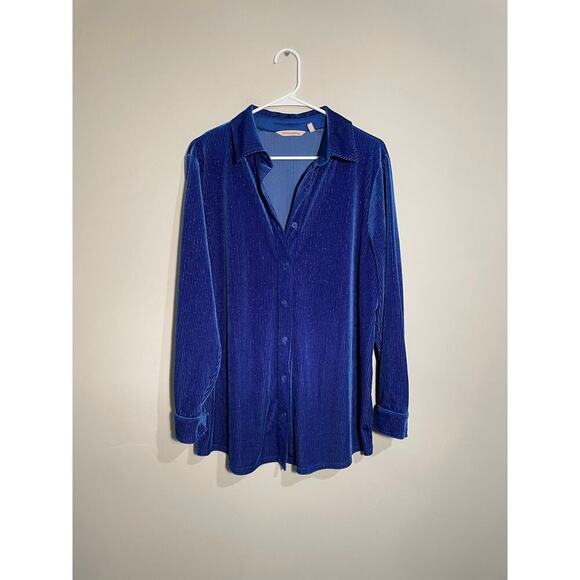 Soft‎ Surroundings Blue Shimmer Velvet Boyfriend Tunic Button Down Shirt - Picture 1 of 10